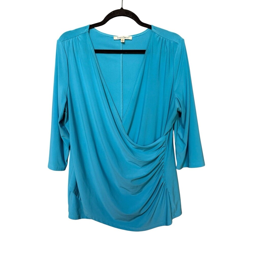 TravelSmith Turquoise Ruched Faux Wrap Stretch Top 3/4 Sleeve Large
